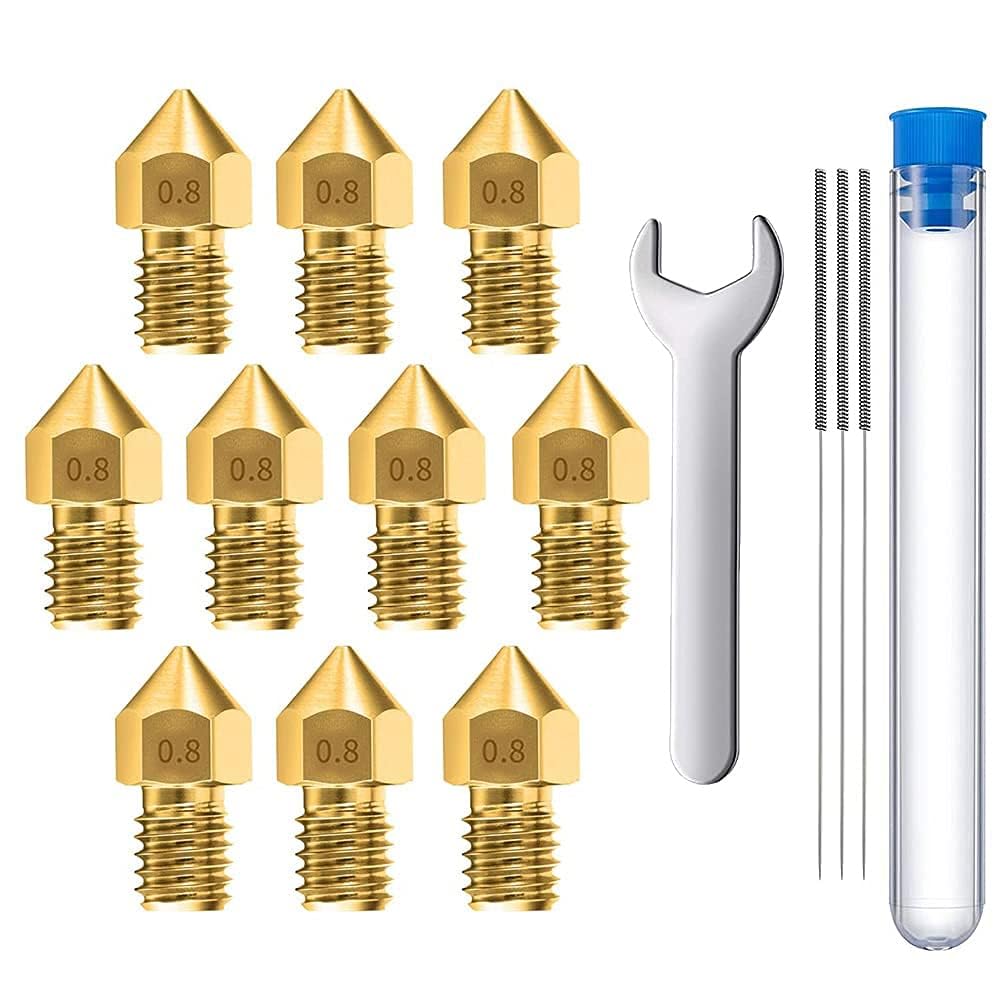 MMOBIEL 10 Pcs 0.8mm Brass MK8 3D Printer Nozzles Extruder Compatible With Creality Ender 3 Series, Ender 5 Series, CR-10/10S, Makerbot, Incl. 3 Cleaning Needles and Wrench