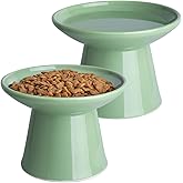 KITCHENLESTAR Ceramic Elevated Cat Food Bowls,6.2" Wide,2-Pack,Green | Whisker-friendly 4.5" raised cat food dish,Ergonomic spine protection for indoor senior cats &amp; small dogs,Dishwasher safe