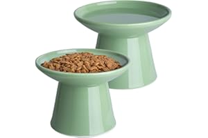 KITCHENLESTAR 6.2 Inch Extra Wide Elevated Ceramic Cat Bowls, Food and Water Bowl Set for Elder Big Cats Small Dogs, Raised Design for Pet Easy Eating, Protect Cat's Spine Set of 2(Light Green)