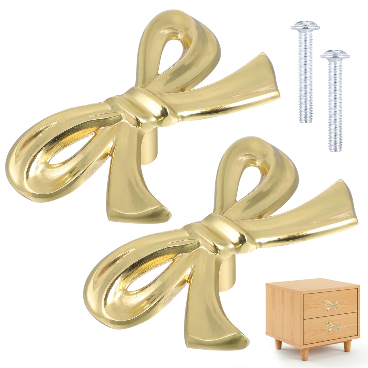 Gadpiparty 2pcs Gold Bow Drawer Knobs, Bow Handles, Cupboard Pull Handles, for Cupboard Dressers Wardrobes Kitchen Home Decor