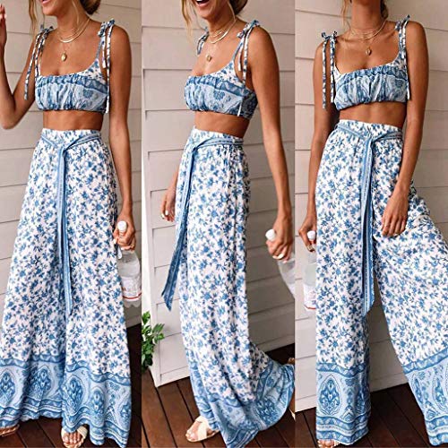 2Piece Womens Boho Casual Outfits Set,Shoulder Tie Floral Print Crop Top Flared Belt Wide Leg Palazzo Pants Suit Blue