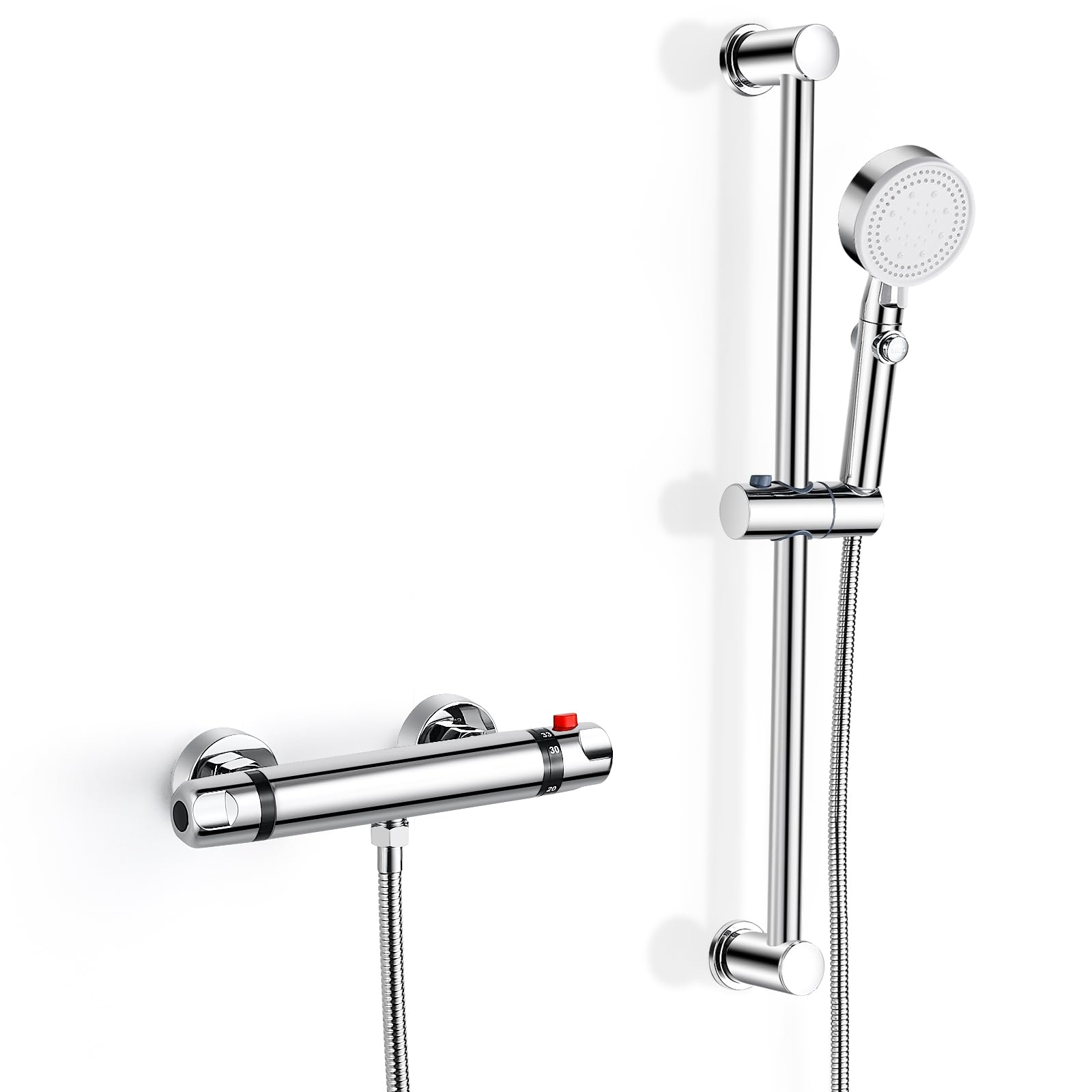 ROWINNAO Thermostatic Shower Mixer, Bathroom Accessory Shower Set with Wall Mounted Thermostatic Mixer Tap, Adjustable Shower Rod 635mm, Hand Shower 5 Jets, Hose 1.5M, G 1/2'', Chrome