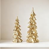 FESTGLOX Gold Christmas Tree Figurines, Resin Tabletop Christmas Tree Decor | 2Pcs Small Decorative Trees with Weathered Finish for Mantel Centerpiece, Modern Holiday Home Decor for Living Room, Office