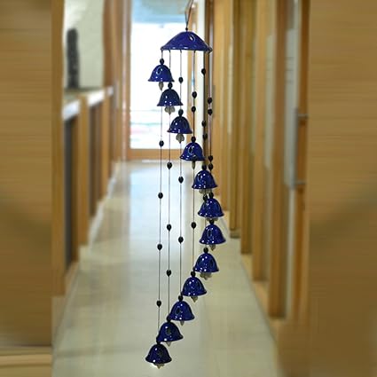 ExclusiveLane Melodious Sound Ceramic Wind Chimes with 12 Bells (16 cm x 16 cm x 9.4 cm, Blue)