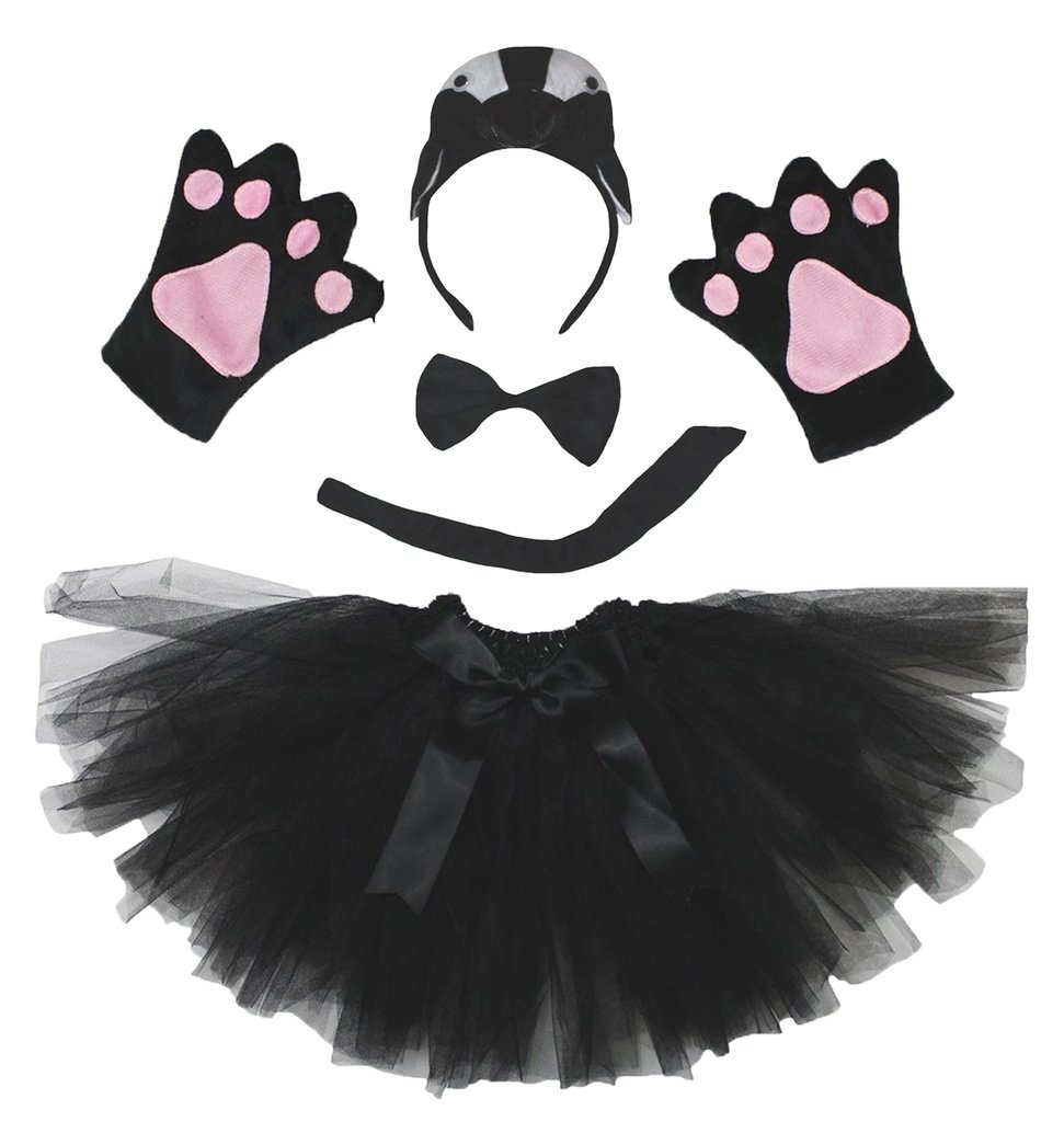 Petitebelle Penguin Headband Bowtie Tail Gloves Tutu 5pc Girl Costume 1-10y (Black, 1-5 Years)