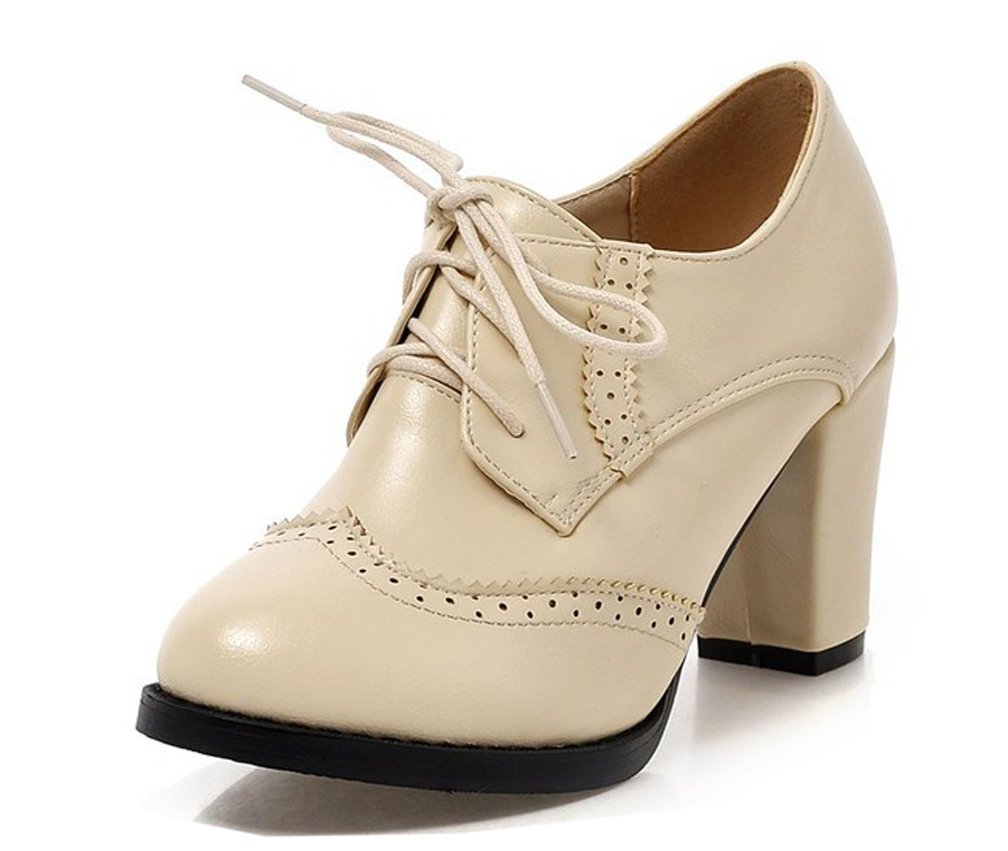 WAROFT Ladies Vintage Chunky Block High Heels Lace Up Brogue Shoes Round Toe Fashion Women Dress Boots Size 3-8.5