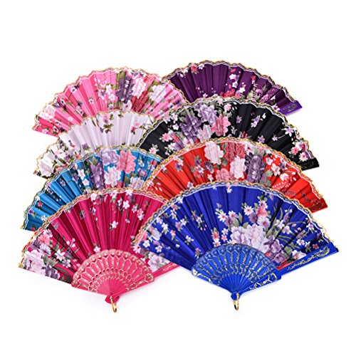 Eshylala Lace Silk Folding Hand Held Flower Pattern Fan for Dance Wedding Party,Chinese Style Folding Fan