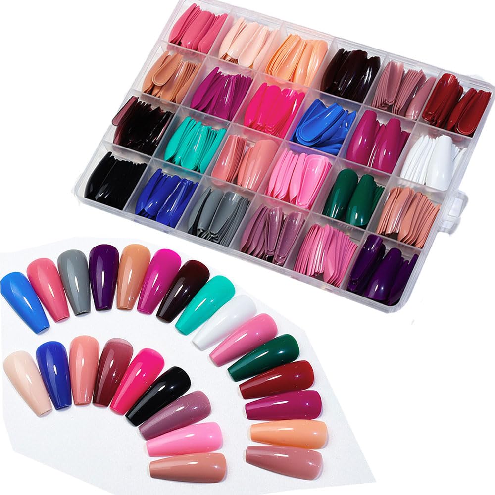 576 Pcs Full Cover Color Coffin Nail Tips 12 Size Long Coffin Press on Nails 24 Colors Fake Nails for Girls Nail Art DIY