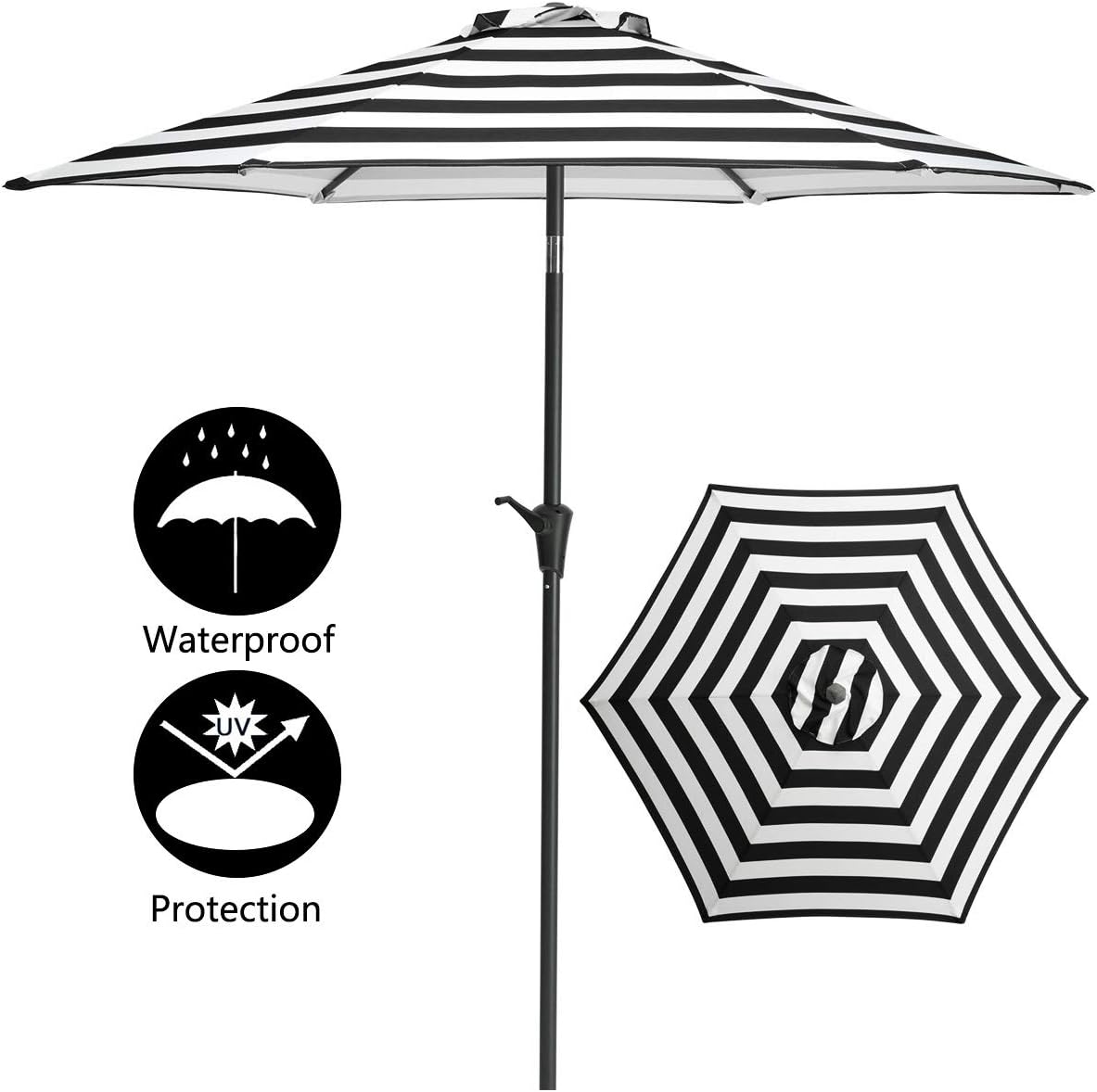 TAGI 7.5 Feet Hand Shake Outdoor Patio Umbrella 6 Rib Crank Lift Hand tilt, Black and White Stripes