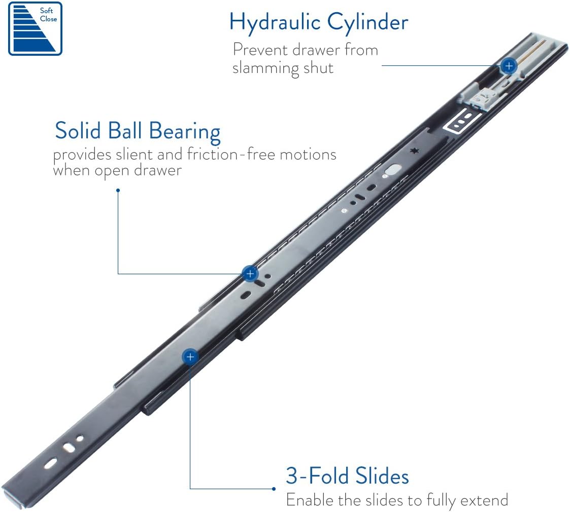 VADANIA 600mm Soft Close Drawer Runners #K45 Black, 45kg Load Capacity Full Extension Ball Bearing, Side Mount - Image 4