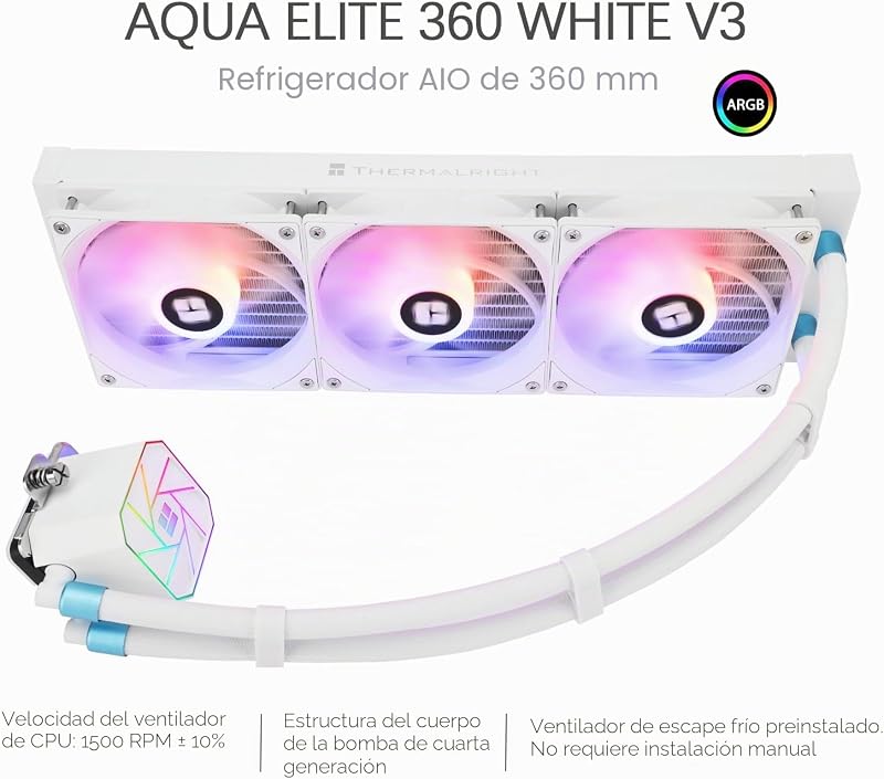 TR-Thermalright Aqua Elite 360 White V3 Full Water Cooling Cold Specification AIO PC Cooler, 3x120mm ARGB Cooler, instalação simples, compatível com AM5/AM4, LGA1851