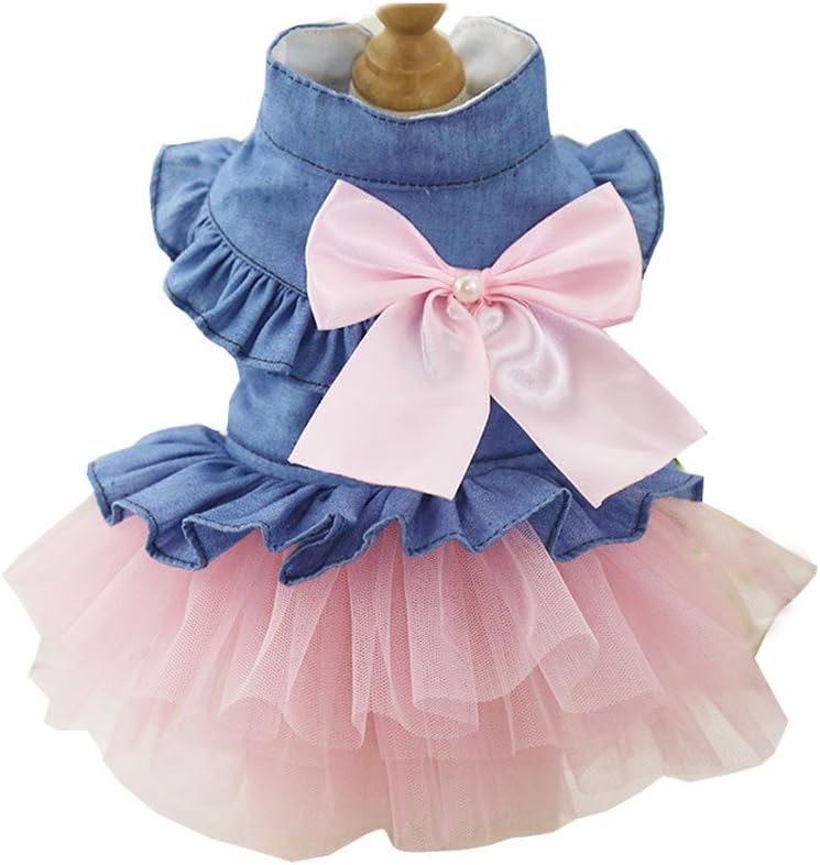 ZoonPark® Puppy Dog Pet Clothes, Denim Dress Tutu Skirt, Pink Skirt, Size S