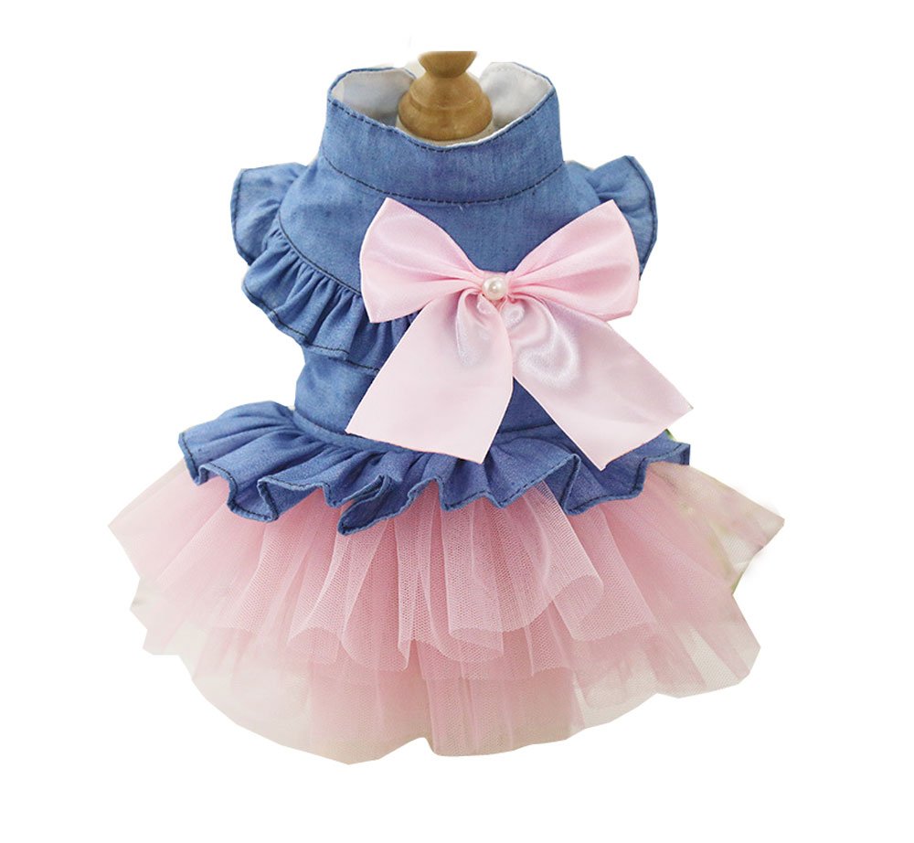 ZoonPark® Puppy Dog Pet Clothes, Denim Dress Tutu Skirt, Pink Skirt, Size S