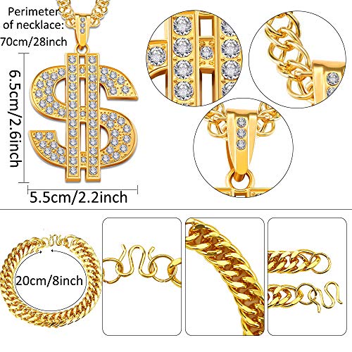 8 Pieces 80s 90s Hip Hop Costume Set Rapper Outfits,2 Adjustable Flat Brim Snapback Baseball Cap 2 Hip Hop DJ Sunglasses 2 Gold Chain with Dollar Sign Pendant 2 Bracelet for Cool Rapper Outfits