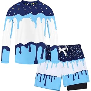 Boys Ice Cream Shorts Set Rash Guard Swimsuits Kids Long Sleeve Swim Shirt with Swim Trunks Quick Dry Bathing Suit