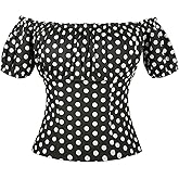 YARN & INK Women's 1950s Vintage Pinup Tops, Back Elastic Waist Cute Rockabilly Off Shoulder Shirt, Short Sleeves Blouse