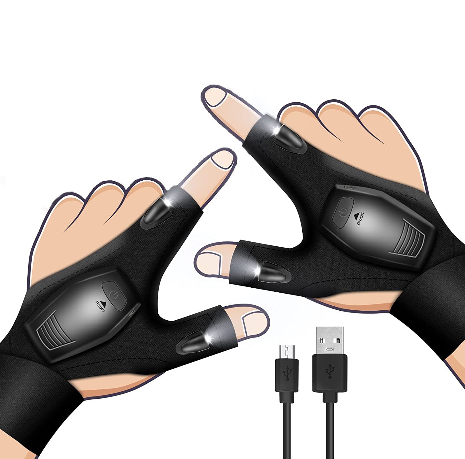 Fydesion Led Flashlight Gloves, Fishing Gloves Gift Rechargeable LED Gloves Gadgets for Men, Fishing Accessories Gifts for Men, Gifts for Dad, Black