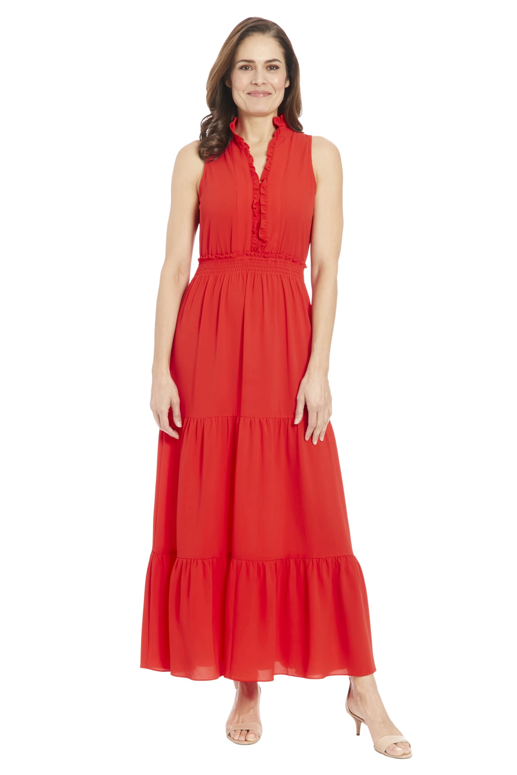 London Times Women’s Dresses Easy Feminine Versatile Smocked Waist Ruffle Neckline, SLD-Slvless – High Risk Red, 4