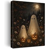 Halloween Wall Art Decor Ghost Pumpkin Wildflowers Canvas Print Framed | Framed Fall Canvas Wall Art Halloween Wall Decor for Living Room Bedroom Nursery 8x10 Inch