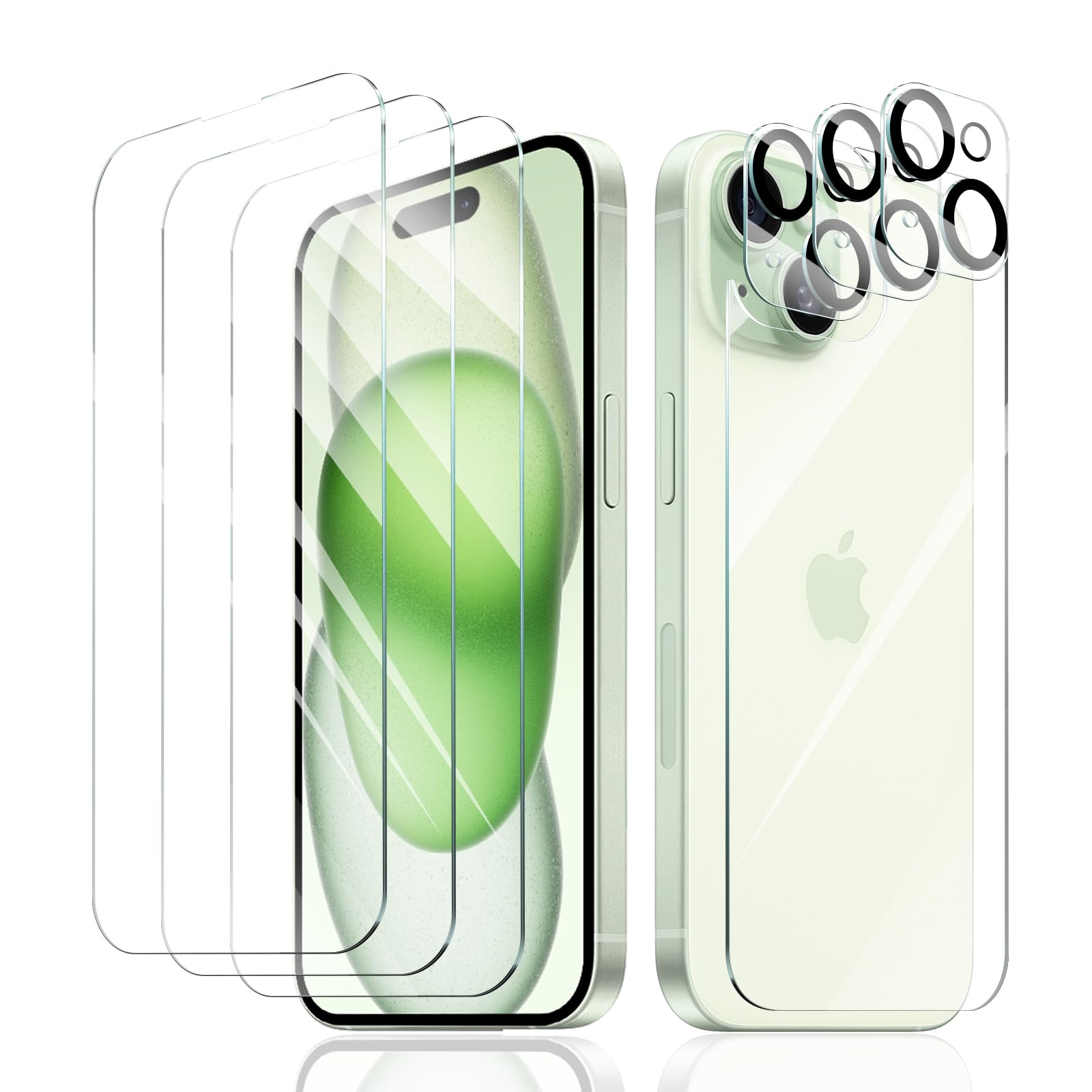 Fynorao 3+3+1-Pack, Screen Protector and Camera Lens Protector for iPhone 15 with Back Tempered Glass Film, Impact-Protection, HD, Anti-Scratch, 9H Hardness, Case Friendly, Bubble Free