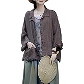 Women's Linen Shirts Lapel Collar Button Down Tops Plus Size Blouse with Pockets Handmade Stitch Vintage Loose Casual Tops