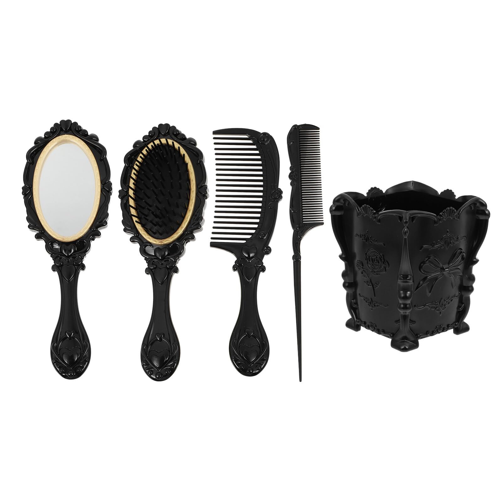 Photo 1 of Vintage Makeup Set: Wide Tooth Comb, Round Mirror, Hair Brush with Holder, Detangling Brush, Rat Tail Comb, Hand Mirror, and Womens Wallet