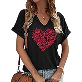 Earlymemb Womens Lover Heart Graphic V Neck Shirt Valentines Funny Couple Matching Casual Short Sleeve Tee Tops