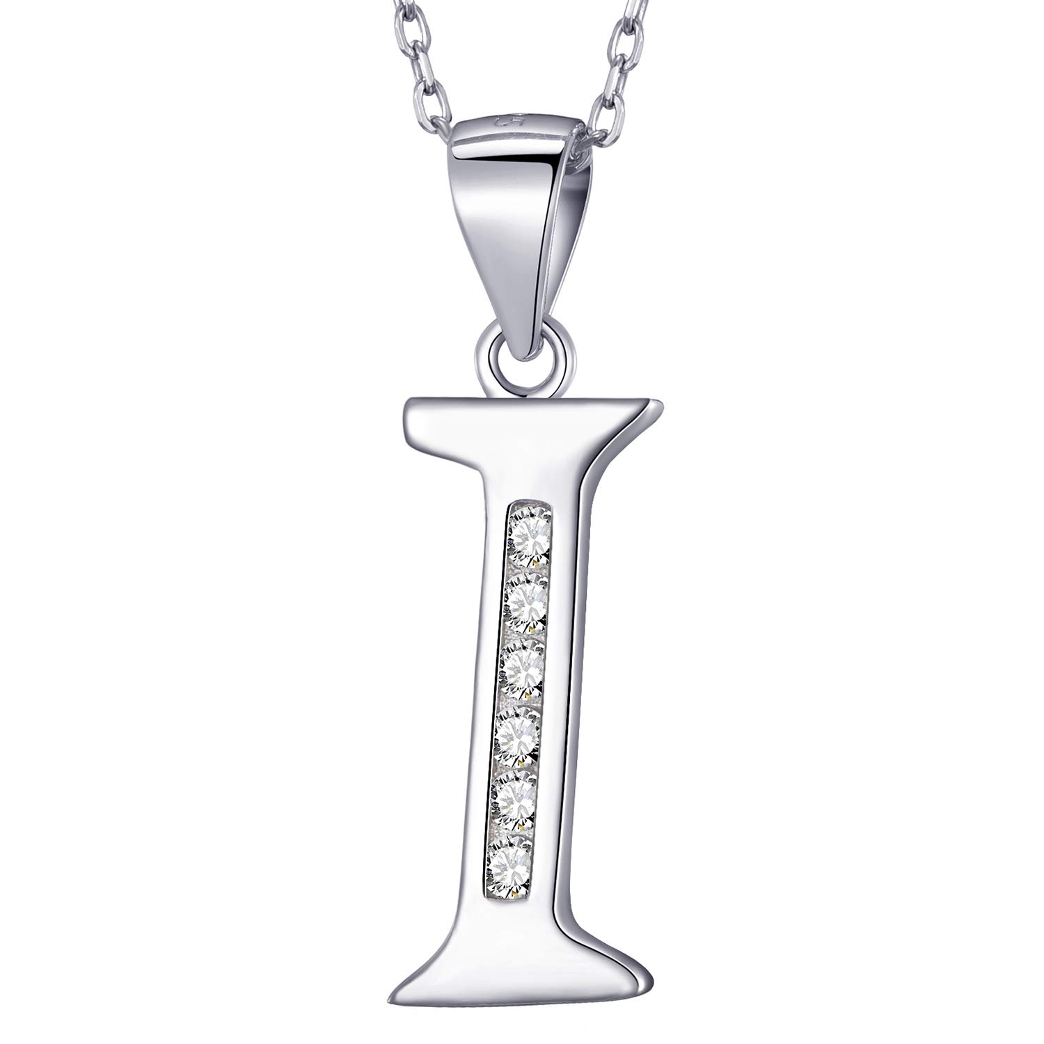MASADA 925 Sterling Silver Letter Necklace - Initial Pendant with Zircon Stones - Letter I - Personalised Alphabet, Teens & Girls - 46 cm - 18 inch Chain in Velvet Bag