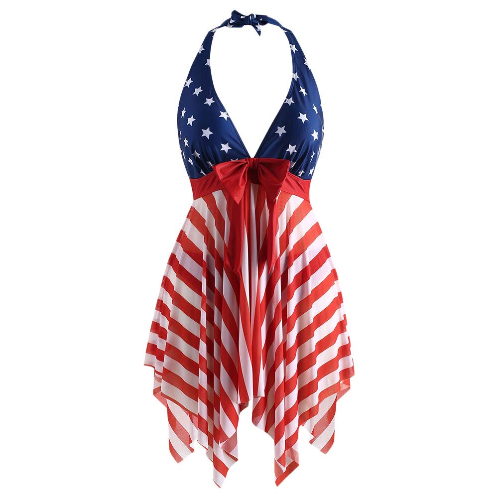 COMFKEY Plus Size Halter Swimsuits for Women Tankini Set Tummy Control, American Flag Stars and Strips Print Asymmetrical Hem