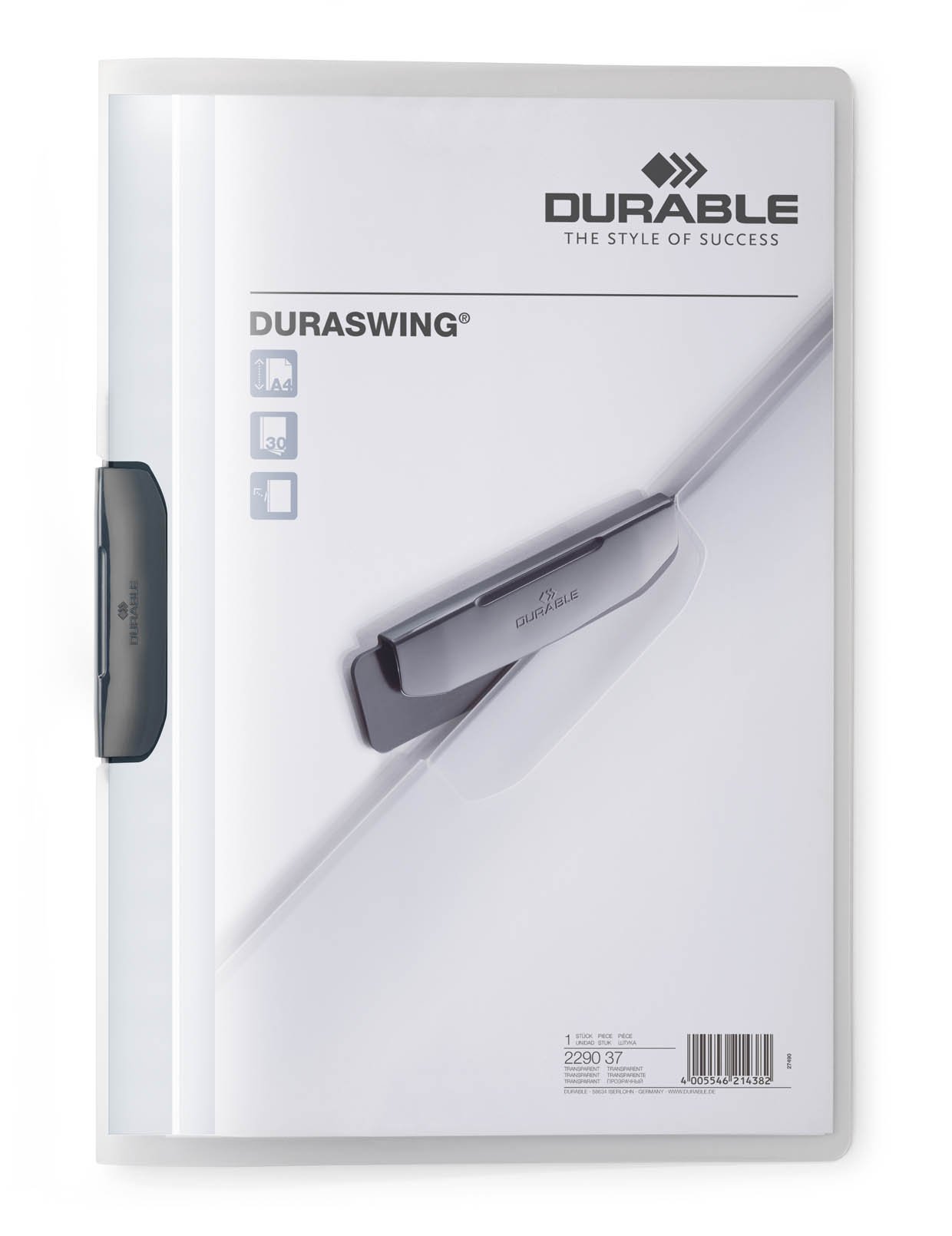 Durable 229037 Clip Folder Duraswing, Up to 30 Sheets A4, Transparent, 5-Pack