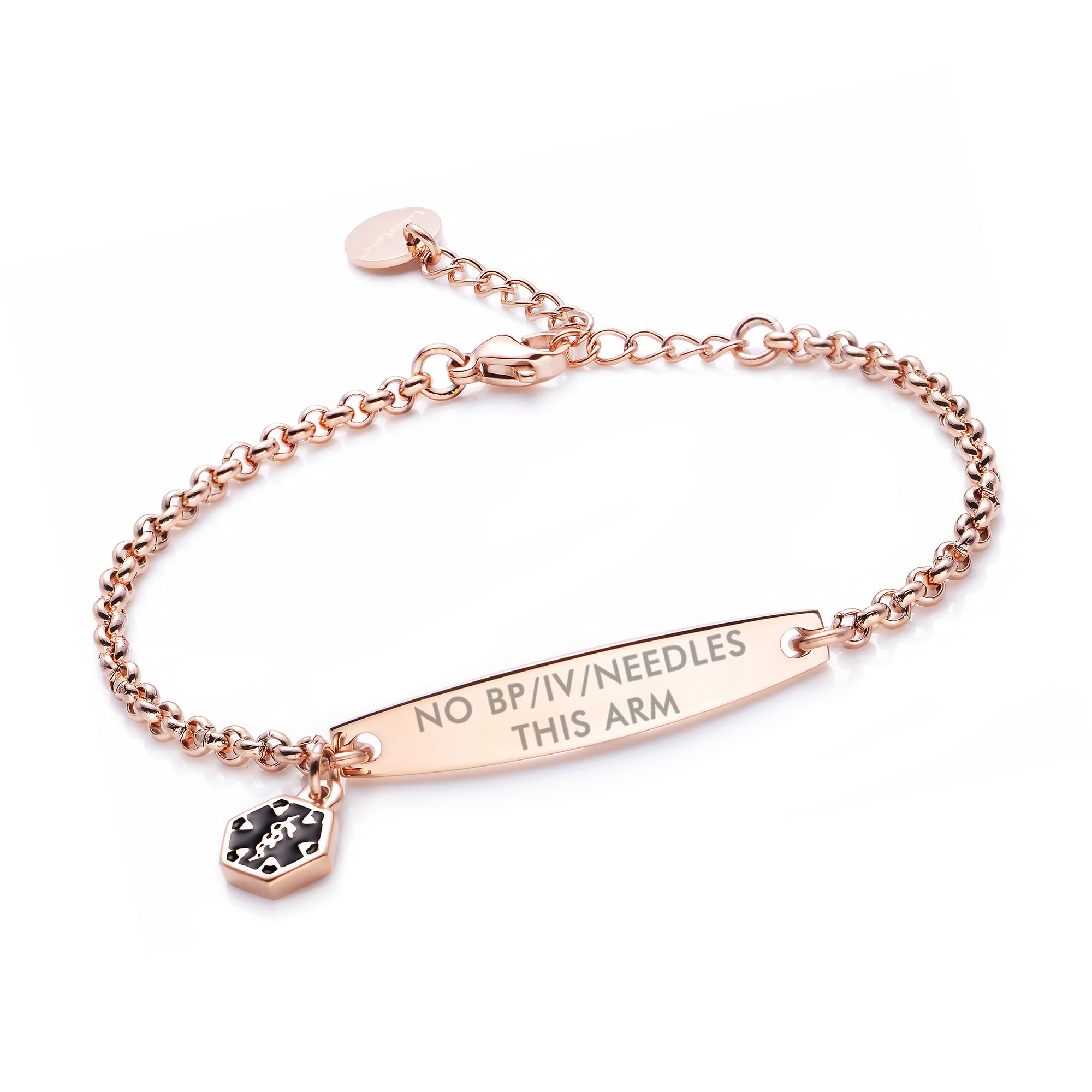 LinnaLove-Pre-engraved NO BP/IV/NEEDLES THIS ARM Rose Gold Simple Rolo chain Medical id bracelet for Women — image 1