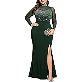ZOMVA Plus Size Sparkly Split Maxi Dress Sexy Sheer Mesh Long Sleeve Mock Neck Mermaid Evening Gown Cocktail Club Formal