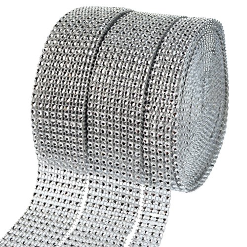 2 Rolls 8 Row 10 Yard and 1 Roll 4 Row 10 Yard Acrylic Rhinestone Diamond Ribbon, Silver Bling Diamond Wrap Ribbon for Wedding Cakes, Birthday Decorations, Baby Shower Events, Arts and Crafts 3 Rolls