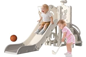 BIERUM Toddler Slide for Kids,6-in-1 Indoor Outdoor Toddler Slides Playground with Basketball Hoop, Golf Game & Telescope, L-Shaped Baby Slide Climber Playset, Cream&Gray