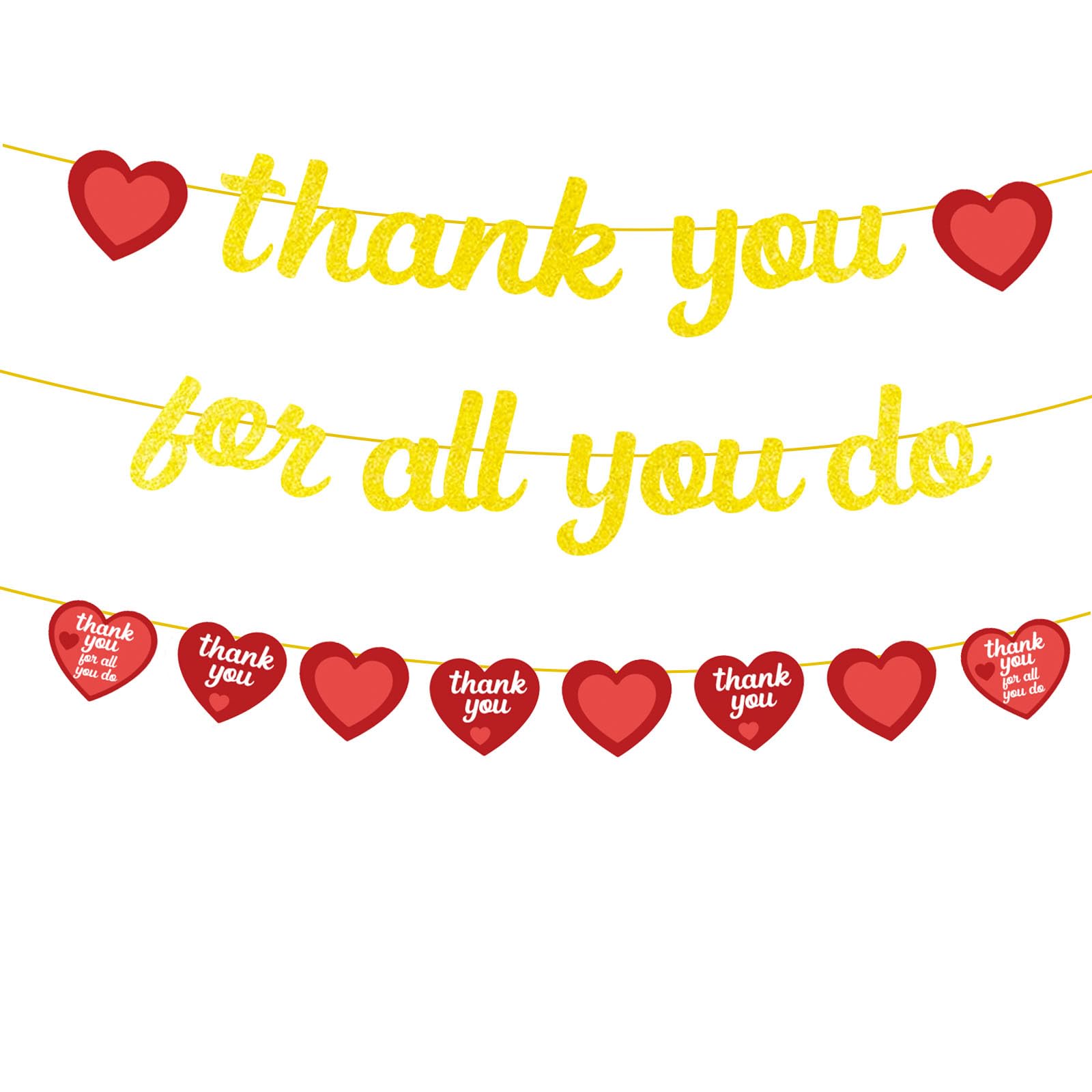 Gold Glittery Thank You for All You Do Banner Thank You Employee Teacher Garland Banner with Red Heart-Shaped Pattern for Staff Employee Teacher Doctor Nurse Pastor Appreciation Party Decor