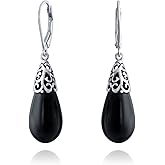 Boho Western Style Green Blue Black Purple Gemstone Long Elongated Teardrop Filigree Lever Back Dangle Earrings For Women .925 Sterling Silver More Birthstones