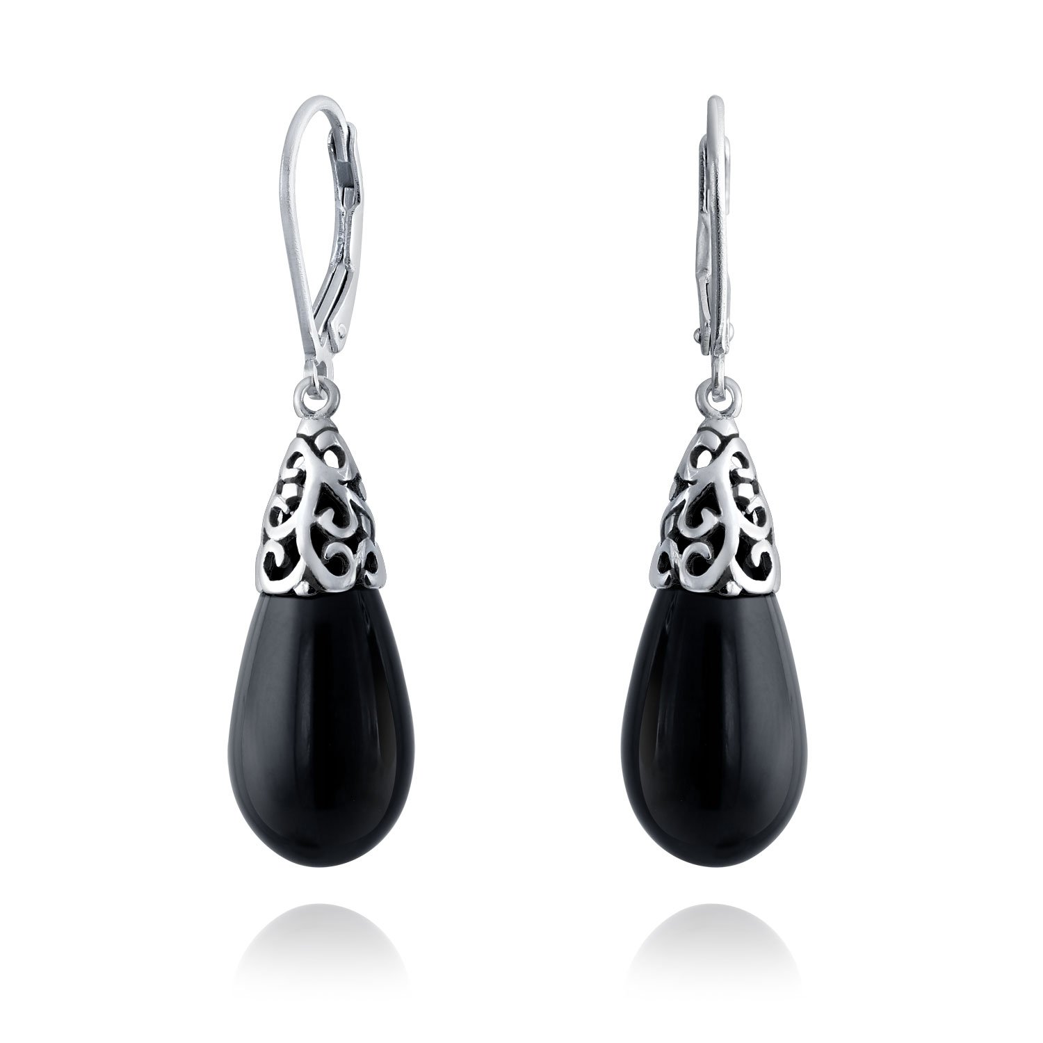 Western Style Gemstone Black Onyx Elongated Teardrop Filigree Lever Back Dangle Earrings For Women .925 Sterling Silver — image 1