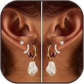 3Pairs Pearl Earring Stacks Dainty 14K Gold Plated Earring Sets for Multiple Piercing Huggie Hoop Earrings for Women Trendy Cartilage Stud Earrings for Teen Girls Jewelry