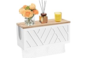 Qivine Paper Towel Dispenser Wall Mount, 2-in-1 Wooden Paper Towel Holder, Toilet Napkin Holder Dispenser with Lid Removable Top Tray for Bathroom Kitchen Decor Home and Commercial (White)