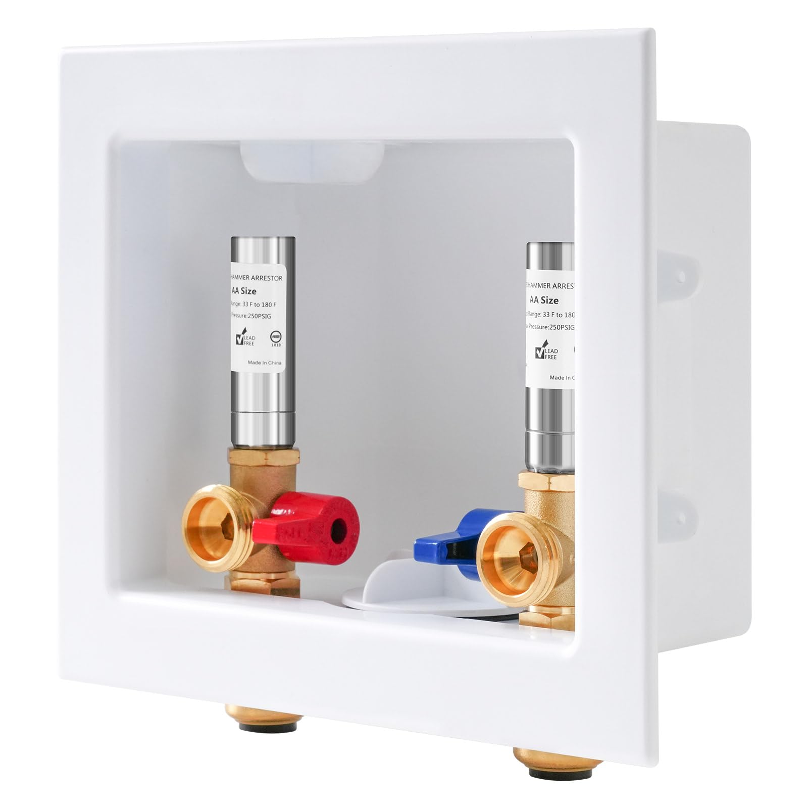 Photo 1 of SECKWHALE Washing Machine Outlet Box, with Stainless Steel Water Hammer Arrestor, 1/2-Inch Push Fit x3/4-Inch MHT with Center Drain, Washer Faucet Recessed Box, Laundry Washer Valve Outlet Box