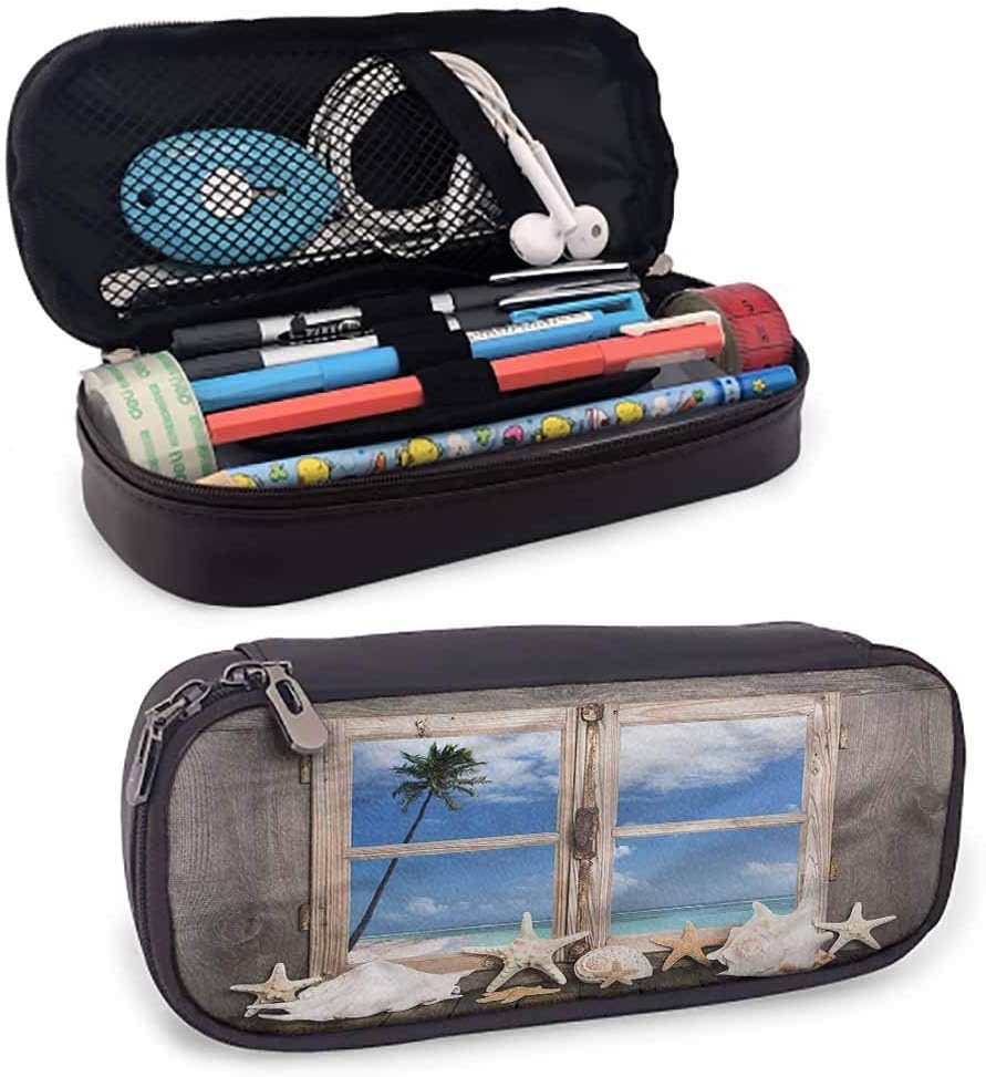Beach Makeup Pencil Case Durable W3.5xL7.9 Seashells Starfish Palms