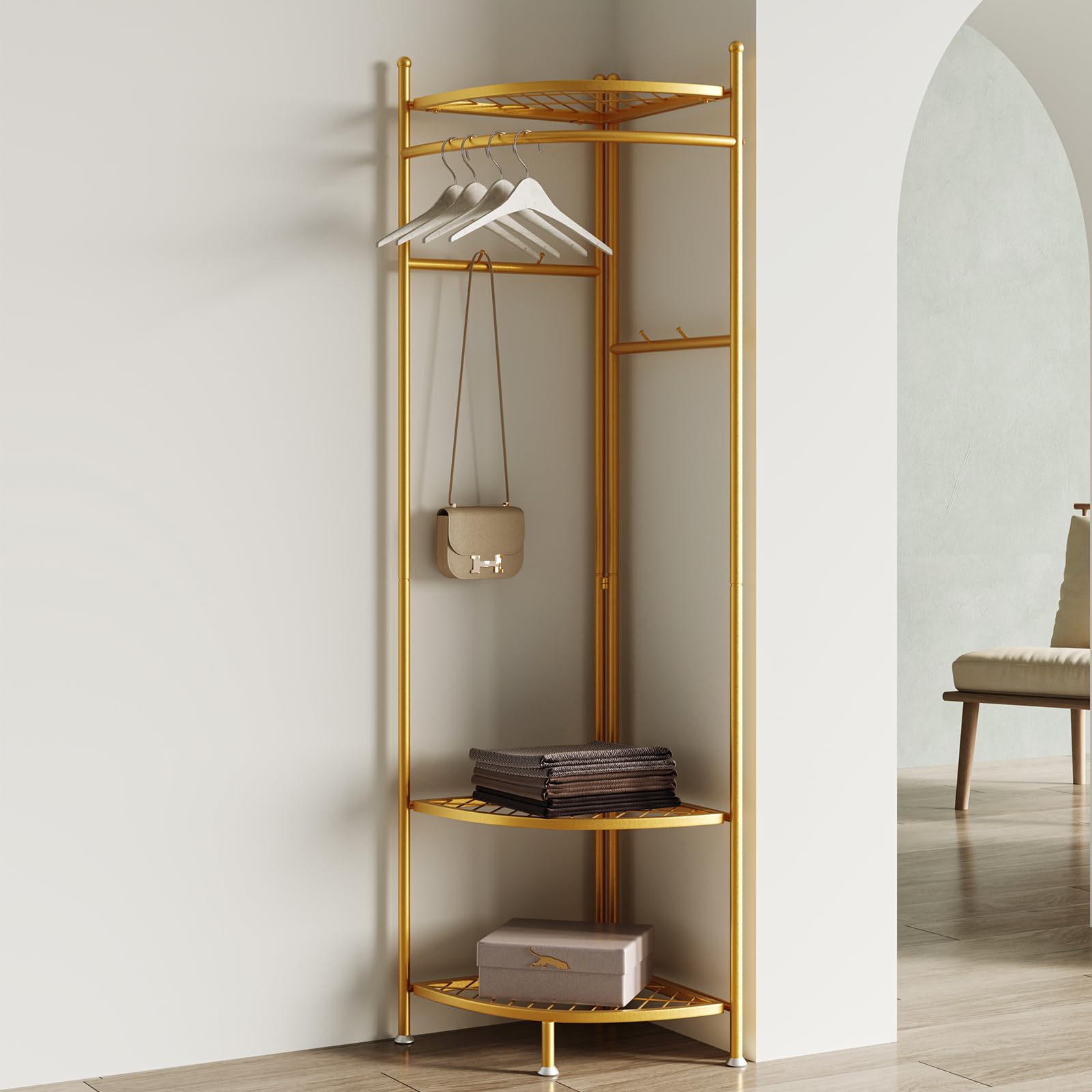 HAZHEYE Corner coat rack,Corner clothes rack with 4 hooks and storage ...