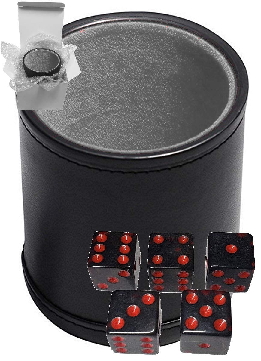 Set of 16mm Transparent Squared Corners Dice and Black PU Leather Dice Cup Plush Velvet Lined - Gift Boxed (Smoke/Red, Grey Lining Cup)