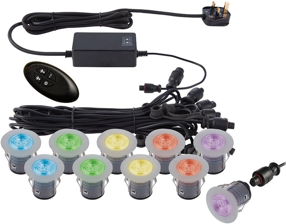 Pack of 10 - Stainless Steel RBG Colour Changing LED Round Recessed Garden Decking/Kitchen/Bathroom Plinth Lights Kit - IP67 (35mm)