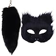 Therian Mask Therian Set Tail Cat Mask Furry Mask ＆ 16'' Long Fox Tail Wolf Mask Keychain Half Face Masquerade Mask for Cosplay Fancy Party Black