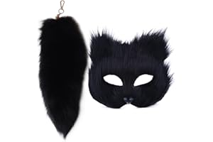PORGEEL Therian Mask Therian Set Tail Cat Mask Furry Mask ＆ 16'' Long Fox Tail Wolf Mask Keychain Half Face Masquerade Mask for Cosplay Fancy Party Black