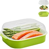 Bigwinyep Microwave Vegetable Steamer with Lid for Cooking, 10.6x8 Inch | Plastic veggie steamer with lid, microwave cooking for fish and seafood, rectangular, green