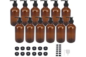 BPFY 12 Pack 8 oz Amber Glass Bottles with Pumps for Essential Oils, Cleaning Products, Lotions, Aromatherapy Oil, Pump Bottles, Refillable Containers With Cap, Funnel, 12 Chalk Labels, 1 Pen