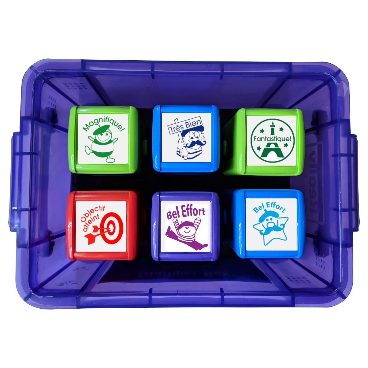 SuperStickers Six Effort and Praise French Stampers in a Storage Box, DSTB4810, 16.3L x 13.8W x 7H centimetres