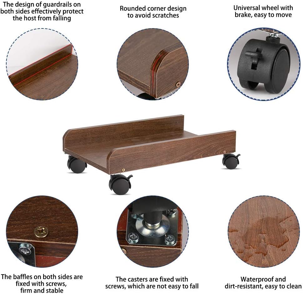 Liitrton Mobile CPU Stand with Locking Caster Wheels Wooden Computer Tower Stand Desktop Rolling PC Stand (No Rear Protection, Brown): Home Audio & Theater